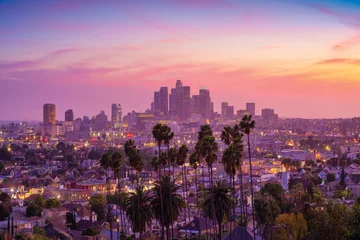 Foto op Aluminium Geweldig uitzicht op de zonsondergang met palmboom en het centrum van Los Angeles. Californië, VS © maramas