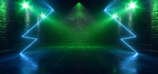 Retro Dance Floor Stage Mist Foggy Smoked Stage Dark Neon Laser Beams Futuristic Sci Fi Glowing Blue Green Spot Lights Empty Space Cyber Background 3D Rendering