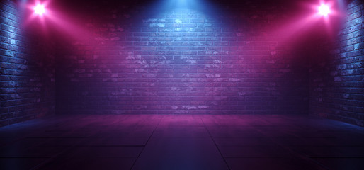 Neon Retro Brick Walls Club Mist Dark Foggy Empty Hallway Corridor Room Garage Studio Dance Glowing Blue Purple Spot Lights Concrete Floor 3D Rendering