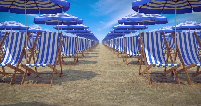 A lot of sun umbrellas and deck chairs at the empty beach in the summer, looping 3D animation