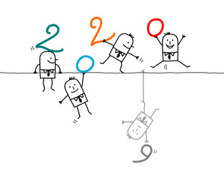 CARTOON BUSINESS TEAM PLAYING WITH 2020 NUMBERS