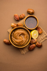 Dates Face mask for supple, smooth and clear skin with ingradients like fresh raw khajoor, lemon and honey. selective focus