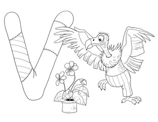 English alphabet. ABC. Capital letter V. Vulture, violet. Educational book. Coloring page. Cute and funny cartoon characters isolated on white