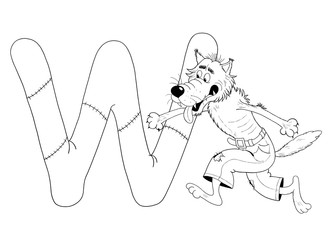 English alphabet. ABC. Capital letter W. Wolf. Educational book. Coloring page. Cute and funny cartoon characters isolated on white
