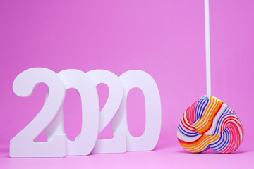 Heart candy on pink background - Sweet valentine day - pink Love concept - with copy space                                              