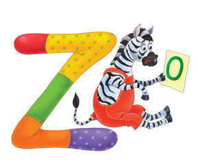 English alphabet. ABC. Capital letter Z. Zebra, zero. Educational book. Coloring page. Cute and funny cartoon characters isolated on white