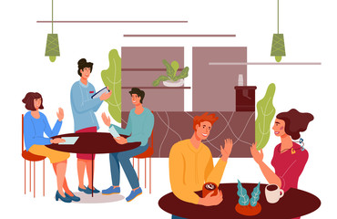 People cartoon characters sitting at tables in cafe or coffee house, flat vector illustration isolated. Cafeteria interior background with visitors or clients ordering meals and drinks and waitress.