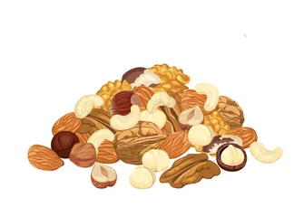 Fotobehang Heap of different nuts isolated on white background. Pile of Almond, walnut, pecan, macadamia, cashew, brazil nut and hazelnut. Vector illustration of organic healthy food in cartoon flat style. © Sunnydream