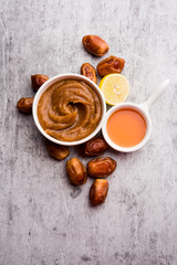 Dates Face mask for supple, smooth and clear skin with ingradients like fresh raw khajoor, lemon and honey. selective focus