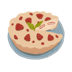 Illustration of strawberry pie on a blue plate with a sprig of mint.