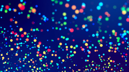 cloud of multicolored particles fly in air slowly or float in liquid like sparkles on dark blue background. Beautiful bokeh light effects with glowing particles. 65
