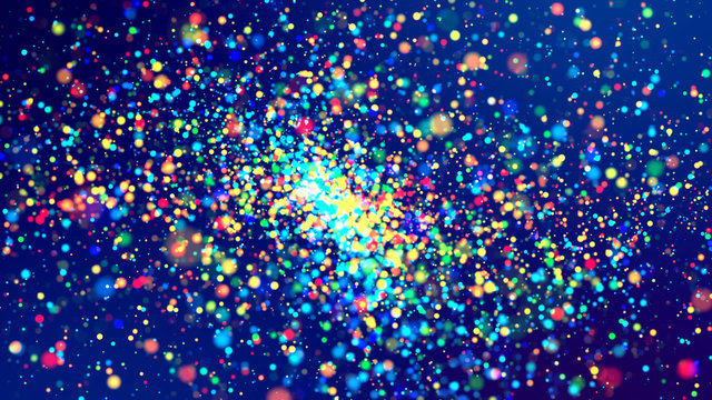 cloud of multicolored particles fly in air slowly or float in liquid like sparkles on dark blue background. Beautiful bokeh light effects with glowing particles. 72