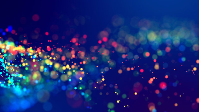 cloud of multicolored particles fly in air slowly or float in liquid like sparkles on dark blue background. Beautiful bokeh light effects with glowing particles. 73