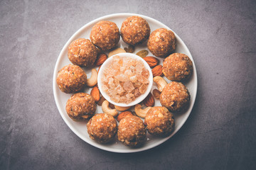 sweet Dink laddu also known as Dinkache ladoo or gond ke laddoo made using edible gum with dry fruits 
