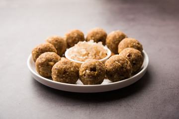 sweet Dink laddu also known as Dinkache ladoo or gond ke laddoo made using edible gum with dry fruits 