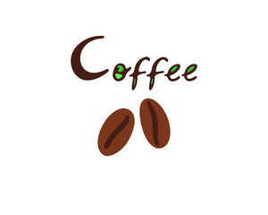Hand lettering of the word coffee with coffee beans drawing, vector illustration
