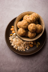 sweet Dink laddu also known as Dinkache ladoo or gond ke laddoo made using edible gum with dry fruits 