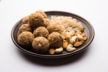 sweet Dink laddu also known as Dinkache ladoo or gond ke laddoo made using edible gum with dry fruits 