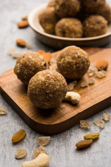 sweet Dink laddu also known as Dinkache ladoo or gond ke laddoo made using edible gum with dry fruits 