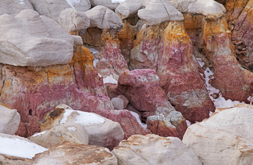 Winter landscape of the sandstone and clay geological formations at Paint Mines Interpretive Park, Calhan, Colorado, USA