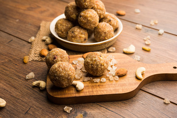 sweet Dink laddu also known as Dinkache ladoo or gond ke laddoo made using edible gum with dry fruits 