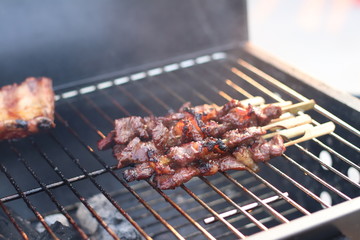 Assorted delicious grilled meat with beef stick and beef steak on black stove with smoke. grills some kind of marinated meat and vegetable on gas grill during summer party time. 