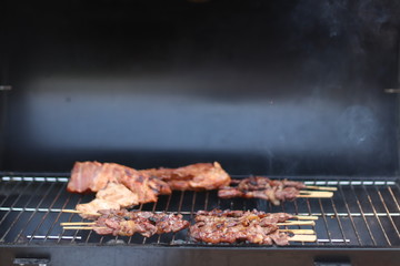 Assorted delicious grilled meat with beef stick and beef steak on black stove with smoke. grills some kind of marinated meat and vegetable on gas grill during summer party time. 