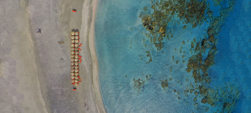 Aerial drone ultra wide photo of beautiful tropical exotic paradise Hawai island turquoise sandy bay