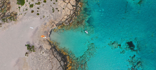 Aerial drone ultra wide photo of paradise turquoise bay in exotic destination