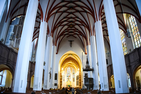 Interior of Lutheran St. Thomas Church Thomaskirche in Leipzig, Germany. November 2019