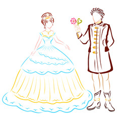 elegant man gives a flower to a lady in a ball gown