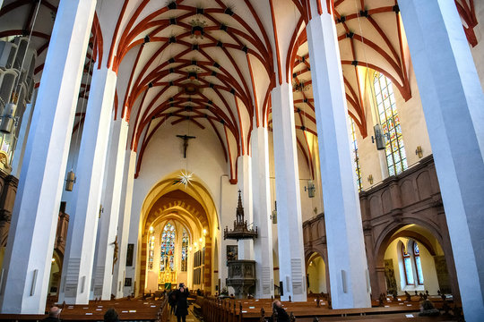 Interior of Lutheran St. Thomas Church Thomaskirche in Leipzig, Germany. November 2019