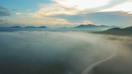 Fototapeta na wymiar Aerial view beautiful morning fog over the mountain