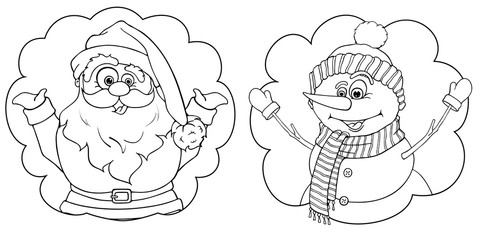 Merry funny Santa Claus and Snowman in cartoon style. Greeting card Merry Christmas And Happy New Year. Drawn by hand. Vector illustration isolated on white background. Coloring book page.