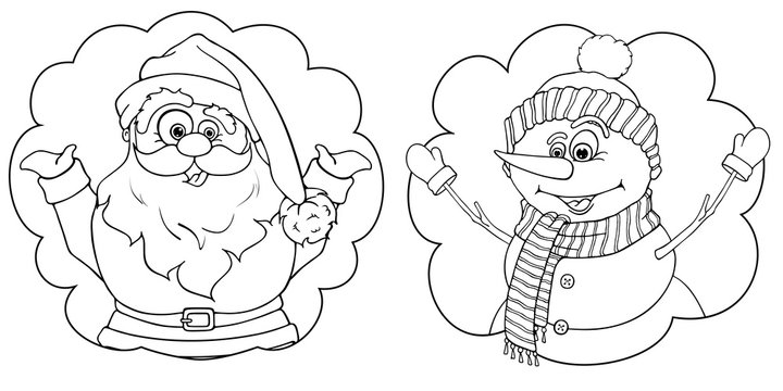 Merry funny Santa Claus and Snowman in cartoon style. Greeting card Merry Christmas And Happy New Year. Drawn by hand. Vector illustration isolated on white background. Coloring book page.