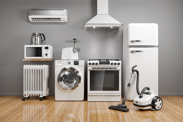 Set of home kitchen appliances in the room on the wall background. - obrazy, fototapety, plakaty