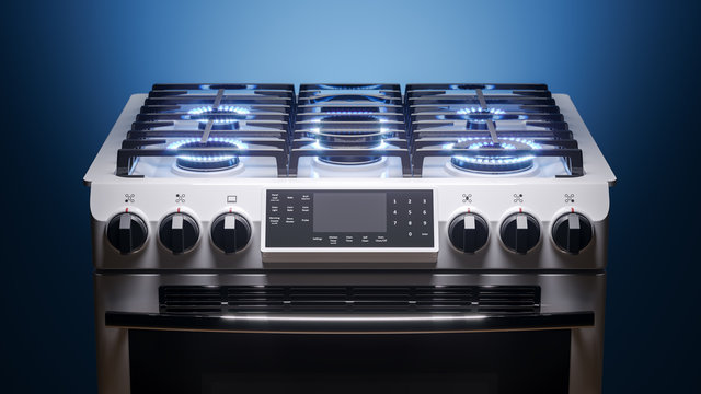 Kitchen household gas stove with lit cooking rings on a dark background. 3D
