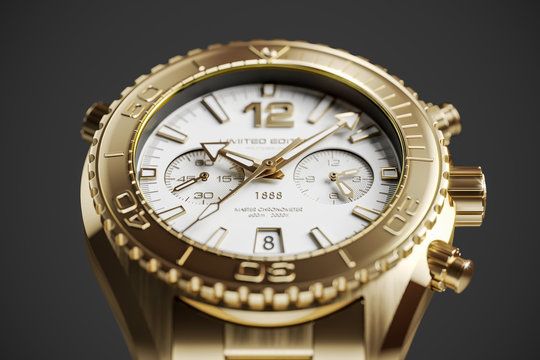 Gold swiss luxury mechanical wristwatch of closeup. 3d