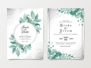 Elegant wedding invitation card template set with floral frame and silver fluid background. Wild leaves botanic illustration for save the date, greeting, poster, cover vector