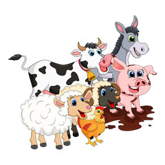Farm animal group. Cow, pig, ram, donkey,sheep,hen  design isolated on white background. Cute cartoon animals collection Vector illustration