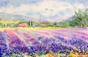 Watercolor lavender fields. Provence, France. Landscape with lavender. Violet, purple, yellow flowers. Horizontal view, copy-space. Template for designs, card, border, posters. - obrazy, fototapety, plakaty