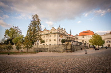View of Litomysl Castle, one of the largest Renaissance castles in the Czech Republic. UNESCO World Heritage Site. Sunny wethe wit few clouds in the sky and square.