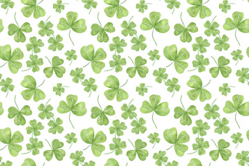 repeat pattern of hand drawn watercolor green shamrock leaves