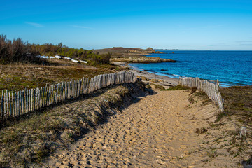 The walk pass to the beach in northwestern coastline of Hoedic island, aw viewed towards the Cape  of Vieux Chateaux. Brittany, France...