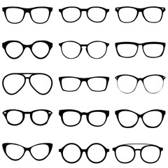 Black silhouettes of different eyeglasses vector icons on a white background