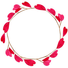 Watercolor pink heart shape leaves on branch. Hand drawn floral round frame with space for text isolated on white background. Good for wedding or valentines day design.