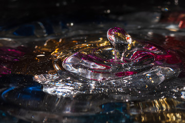 water drops splash forming ripples and waves and abstract water columns in a colorful background