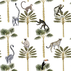 Fototapety  Tropikalny vintage botaniczny zielony palmy, lemur, małpa, Tukan i Lampart kwiatowy wzór bezszwowe białe tło. Tapeta egzotyczna dżungla. sol