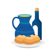 bottle of wine with breads and teapot isolated icon vector illustration design