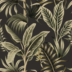 Tropical vintage palm trees, banana tree floral seamless pattern dark background. Exotic botanical jungle wallpaper.